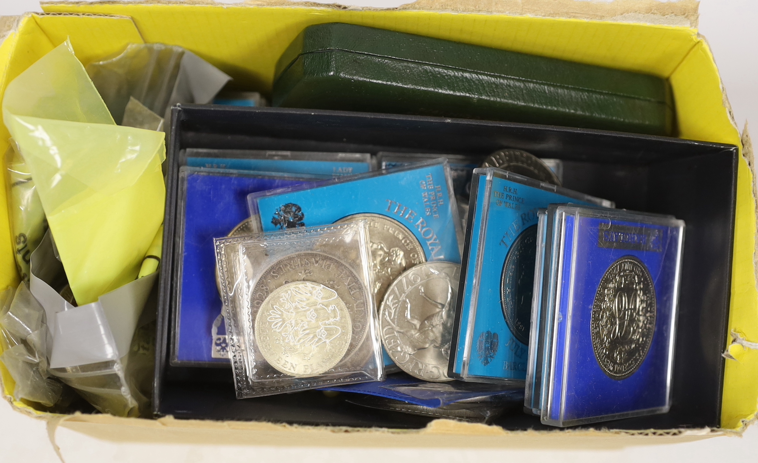British and world coins, including Cyprus forty five piastres 1928, about EF, Cyprus silver proof £1 and 500 mils coins, 1976, UK commemorative coins and medals, US, Greece, etc..